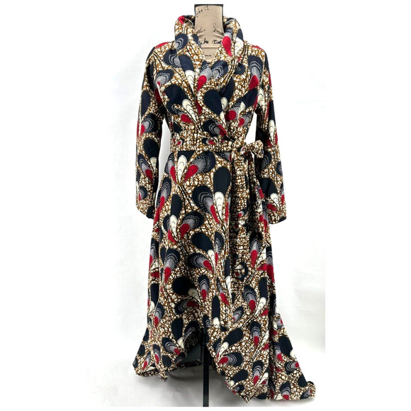Ray Darten Omoefe African Print Wrap Jacket Dress Womens L Navy Red Ethnic Boho - Picture 1 of 12